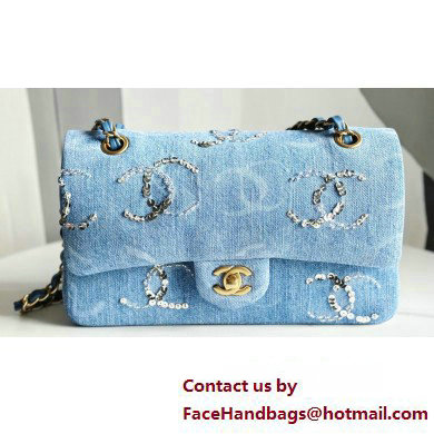 Chanel Embroidered Denim, Sequins & Silver-Tone Metal Classic Handbag A01112 Blue 2023 - Click Image to Close